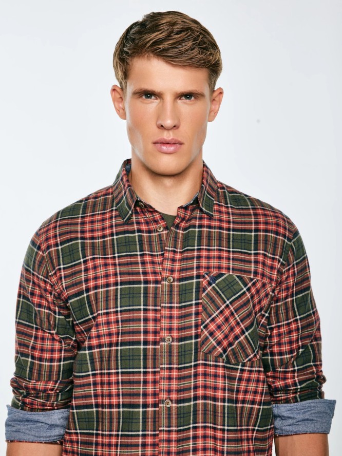 Koszula męska flanelowa w kratę bordowo-khaki Koner 303