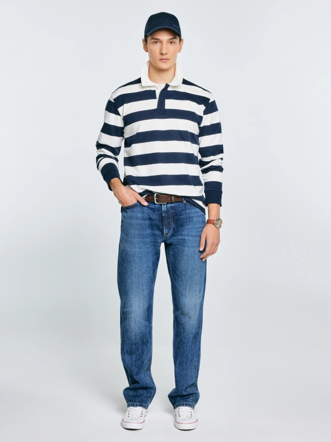 Koszulka męska polo z długim rękawem w pasy granatowo-białe Miker 100