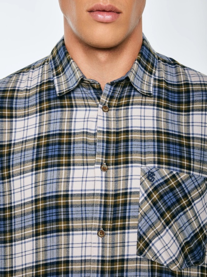 Koszula męska flanelowa w kratę niebiesko-beżowa Koner 401