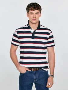 Koszulka męska polo w paski granatowo-biała Seulis 100