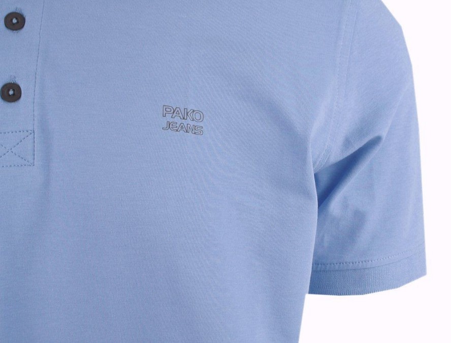 Męski T-Shirt (Koszulka) z Dekoltem na Guziki - Pako Jeans - Niebieska