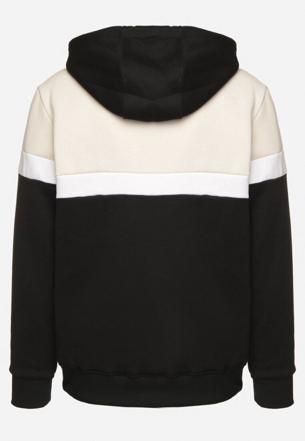 Czarno-Beżowa Bluza o Prostym Kroju z Kapturem Zdobiona Nadrukiem Bonilie