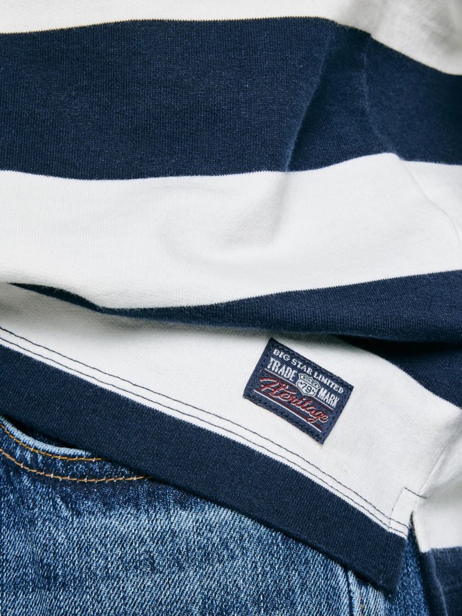 Koszulka męska polo z długim rękawem w pasy granatowo-białe Miker 100