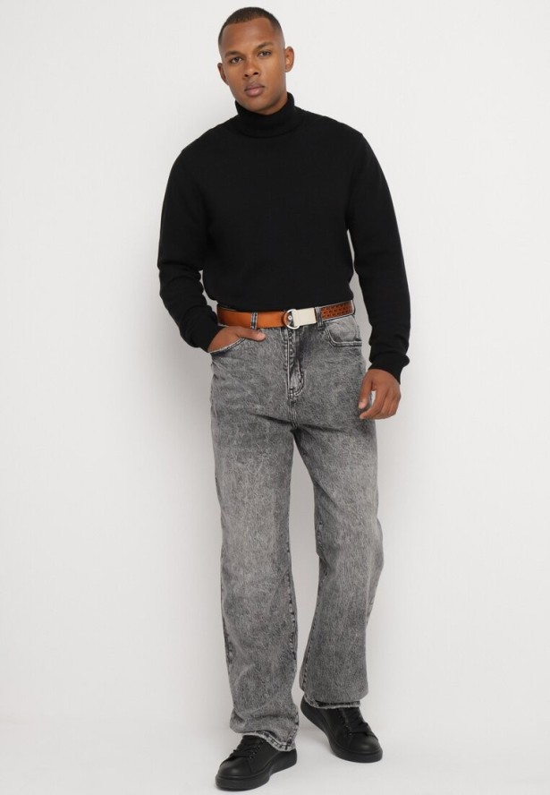 Szare Bawełniane Jeansy Szerokie z Paskiem Lerilise