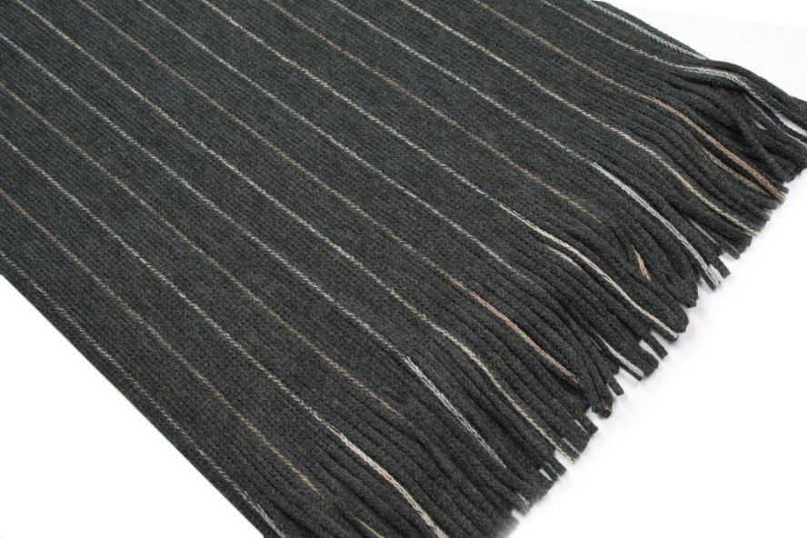 Szalik Dziergany Szaro-Beżowy w Paski z Frędzlami -V.FRAAS- Ciepły, Męski, Jesienno-Zimowy