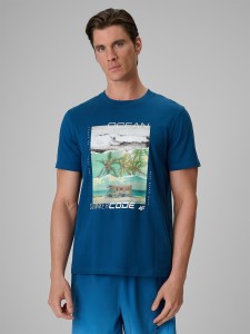 4F T-shirt regular z nadrukiem męski - turkusowy L