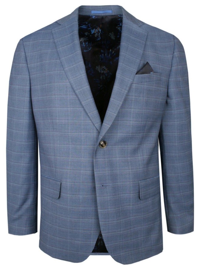 Garnitur, Jasny Niebieski w Kratkę Zapinany na Dwa Guziki, SLIM, Spodnie w Kant -VICTORIO