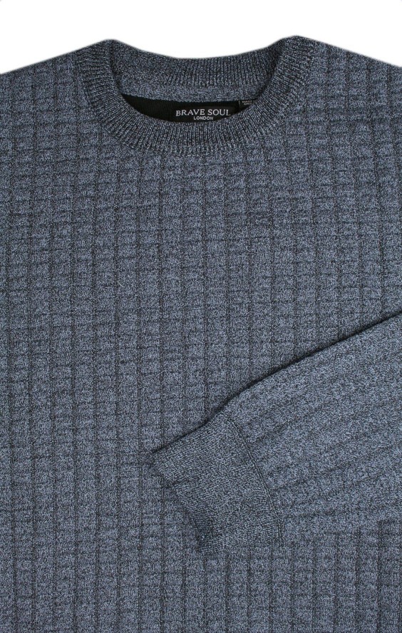 Męski Sweter - Jednokolorowy z Fakturą Materiału - Brave Soul - Niebieski