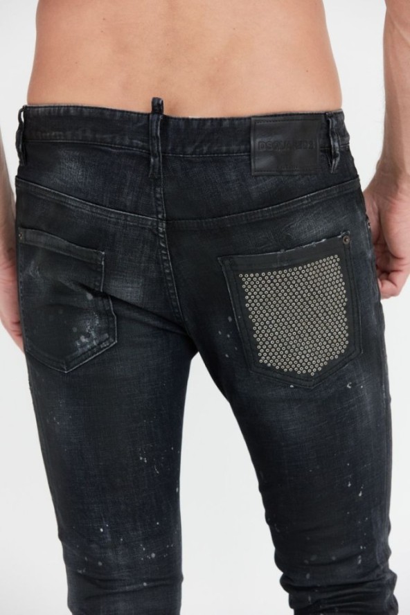 DSQUARED2 Czarne męskie jeansy black ring studs wash skater jeans, Rozmiar 52