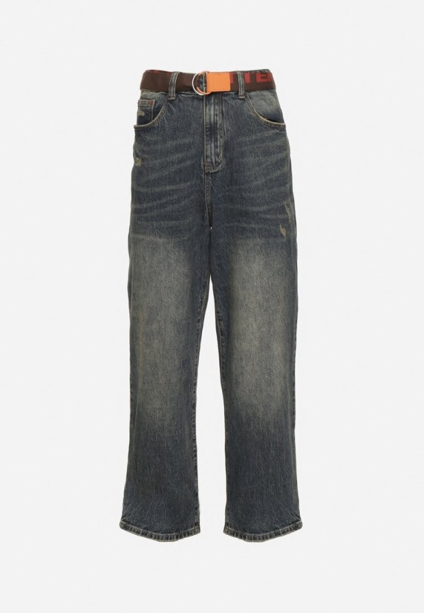 Niebieskie Bawełniane Jeansy Szerokie z Paskiem Lerisama