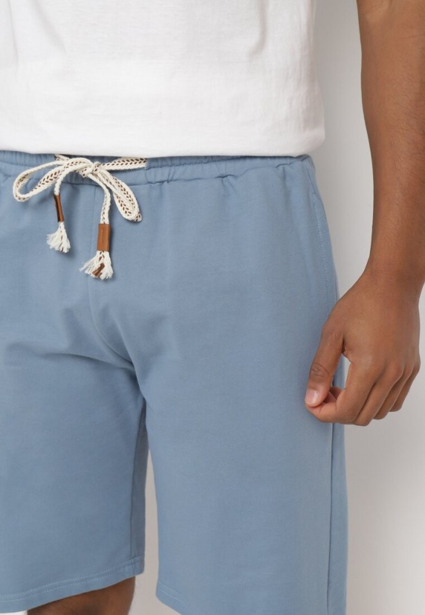 Jasnoniebieskie Bawełniane Szorty z Gumką w Pasie z Kieszeniami przed Kolano Ilopia