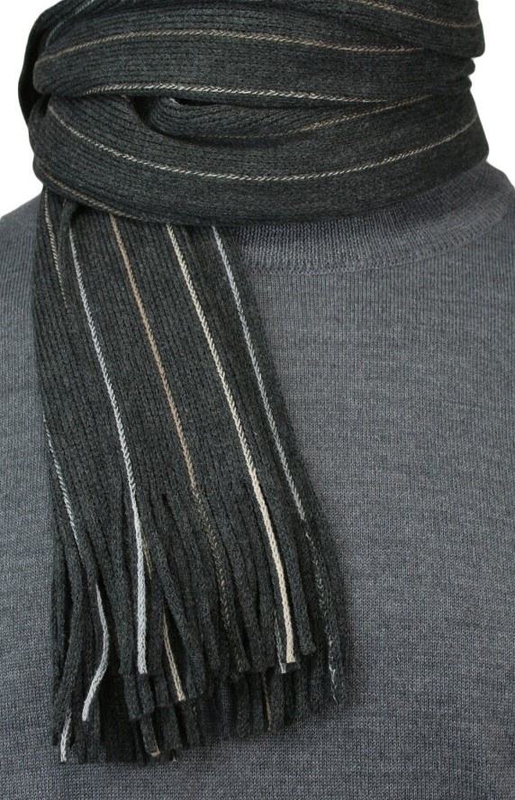 Szalik Dziergany Szaro-Beżowy w Paski z Frędzlami -V.FRAAS- Ciepły, Męski, Jesienno-Zimowy