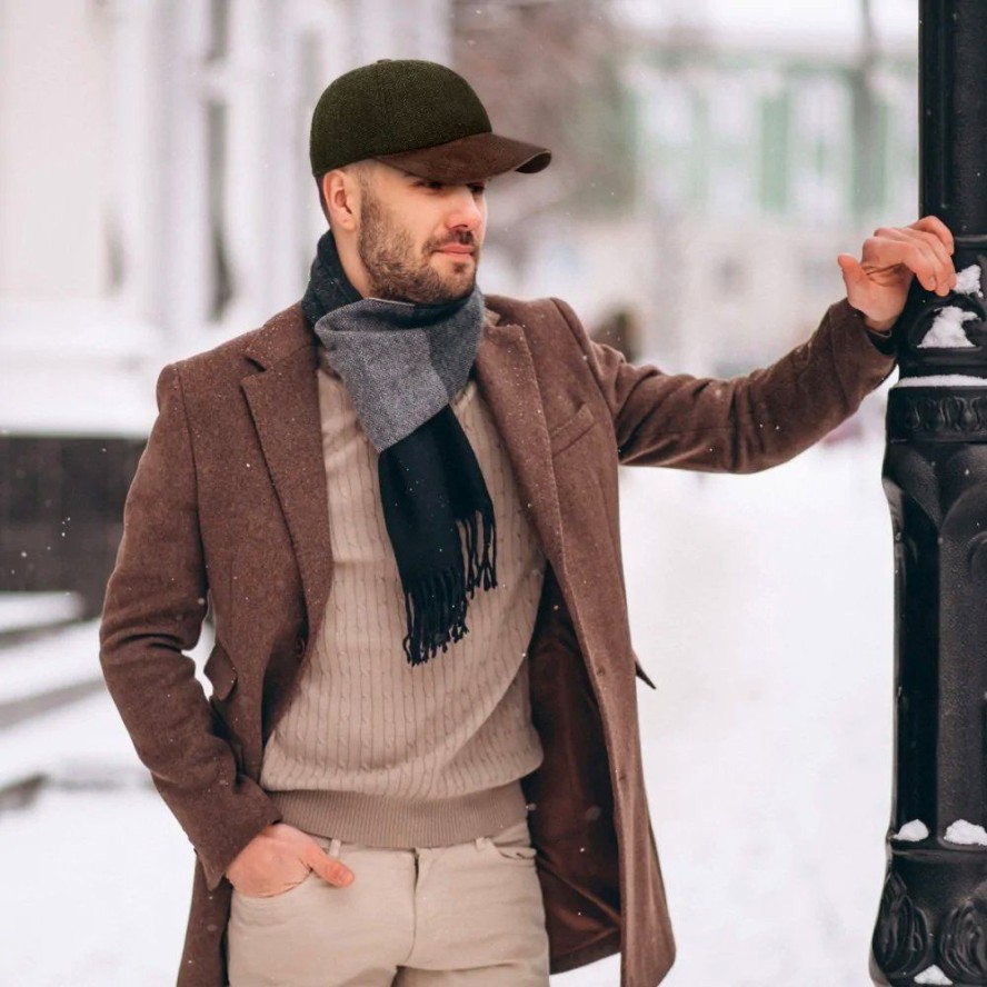 Jesienno Zimowa Czapka z Daszkiem, w Jodełkę - Pako Jeans - Ciemna Zieleń i Brąz