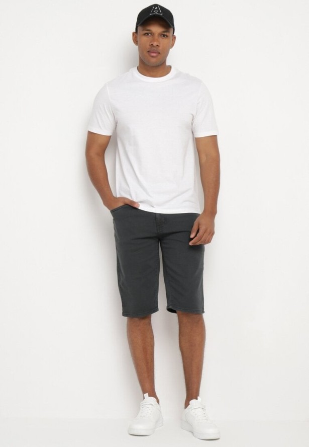 Ciemnoszare Bawełniane Szorty z Wywiniętymi Nogawkami i Paskiem z Ekoskóry Zapinane na Suwak Wannesia