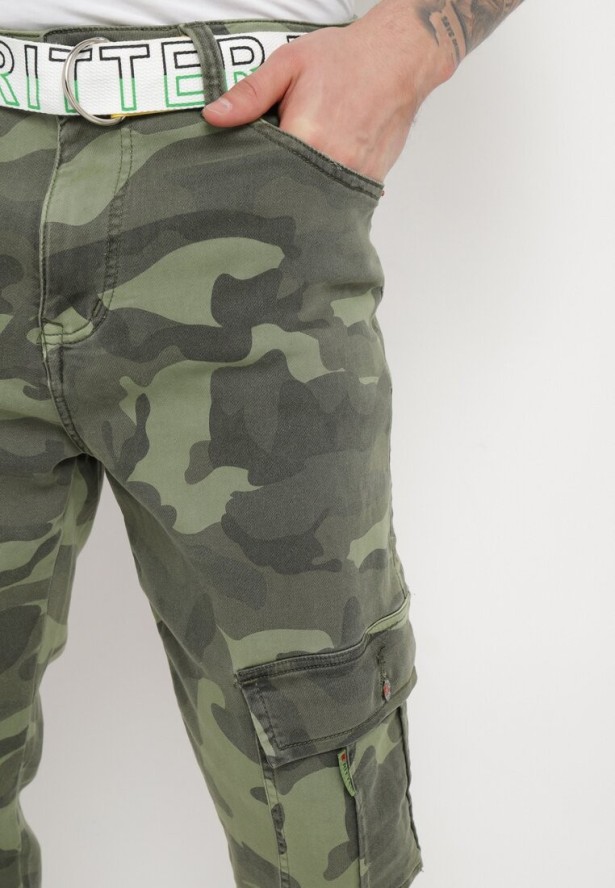 Ciemnozielone Spodnie Bojówki z Naszytymi Kieszeniami i Paskiem Siavera