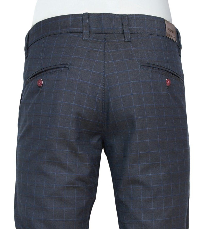 Spodnie Eleganckie Grafitowe, Szare w Kratkę, Zwężane, Chinosy, Męskie -RIGON