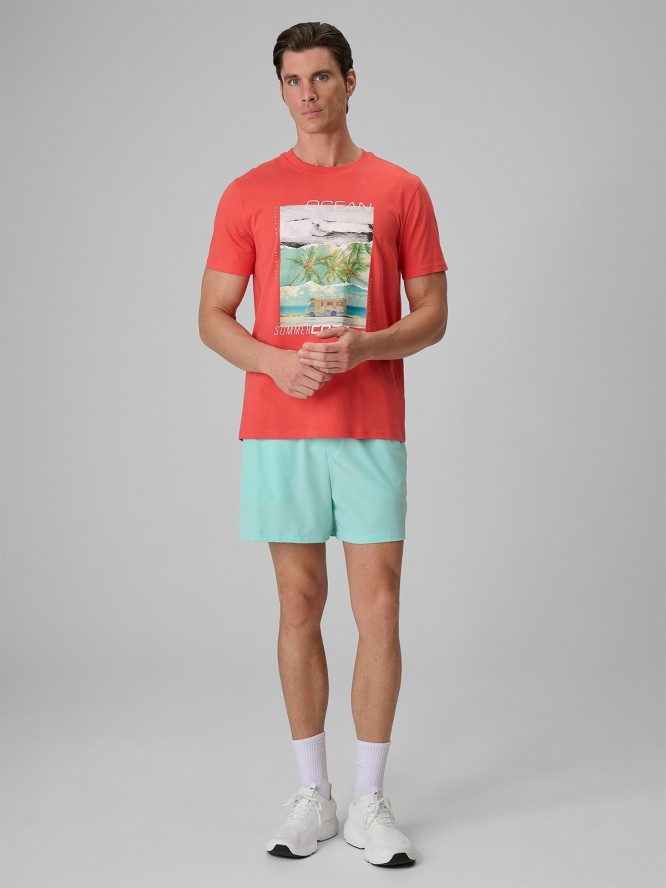 4F T-shirt regular z nadrukiem męski - koralowy XL