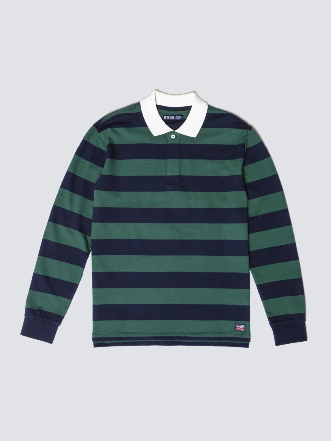 Koszulka męska polo z długim rękawem w pasy granatowo-zielona Miker 403