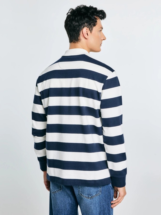 Koszulka męska polo z długim rękawem w pasy granatowo-białe Miker 100