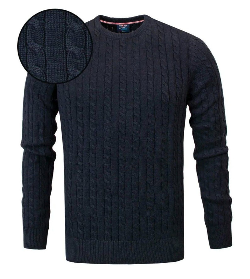 Bawełniany Sweter Męski - Pako Jeans - Splot Warkoczowy - Granatowy