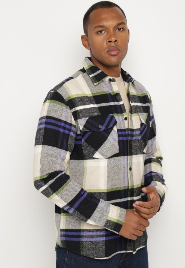 Beżowa Koszula z Bawełny w Kratę Ozdobiona Guzikami Zinniritta