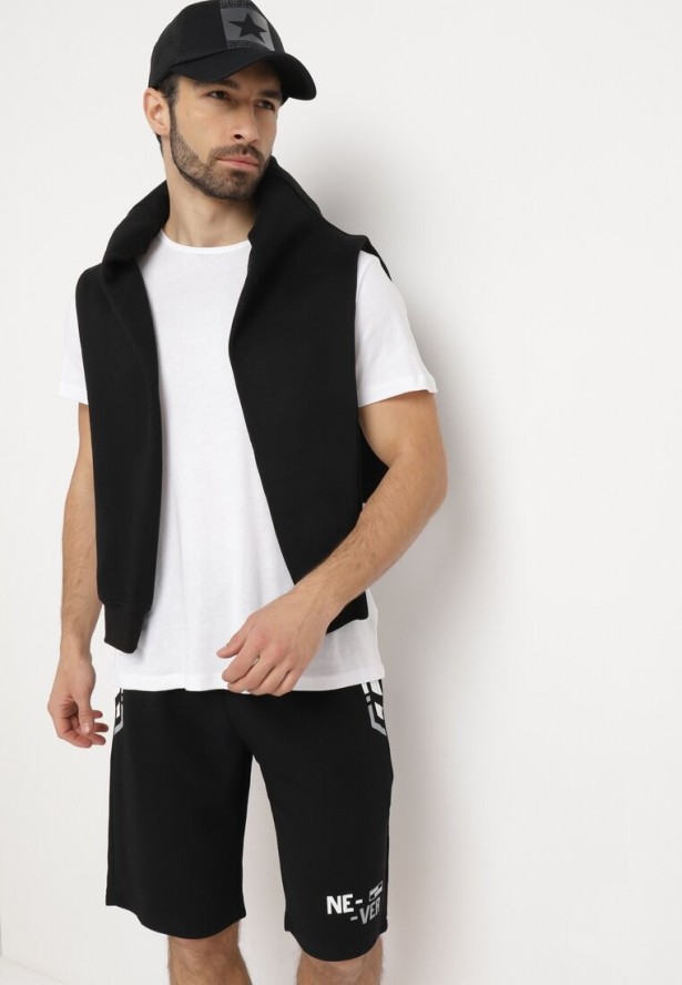 Czarne Szorty Sportowe z Ozdobnymi Wstawkami i Gumką w Pasie Strila