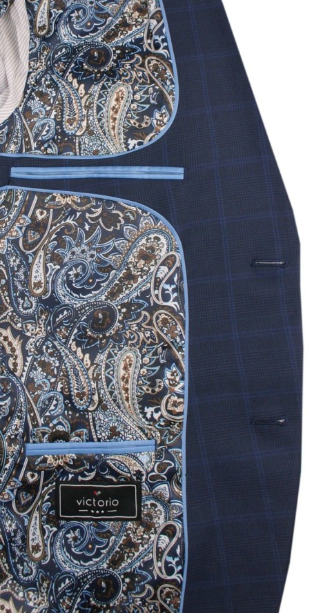 Garnitur Męski - Elegancki - Victorio - Granatowy, Wzór w Kratę