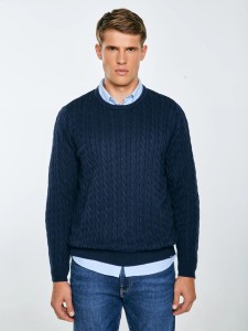 Sweter męski ze splotem warkoczowym granatowy Amaris 403