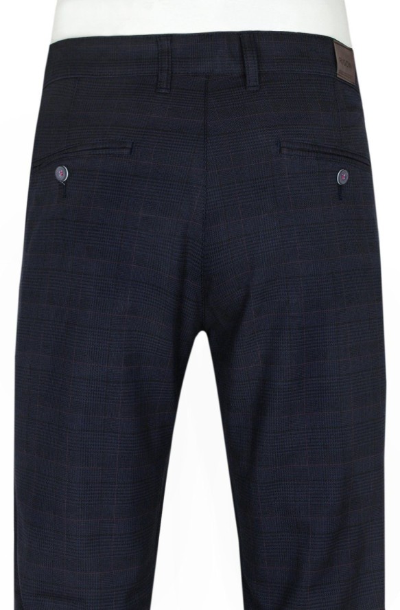 Spodnie z Elastanem, Granatowe w Kratkę, Casualowe, Zwężana Nogawka, Męskie -RIGON