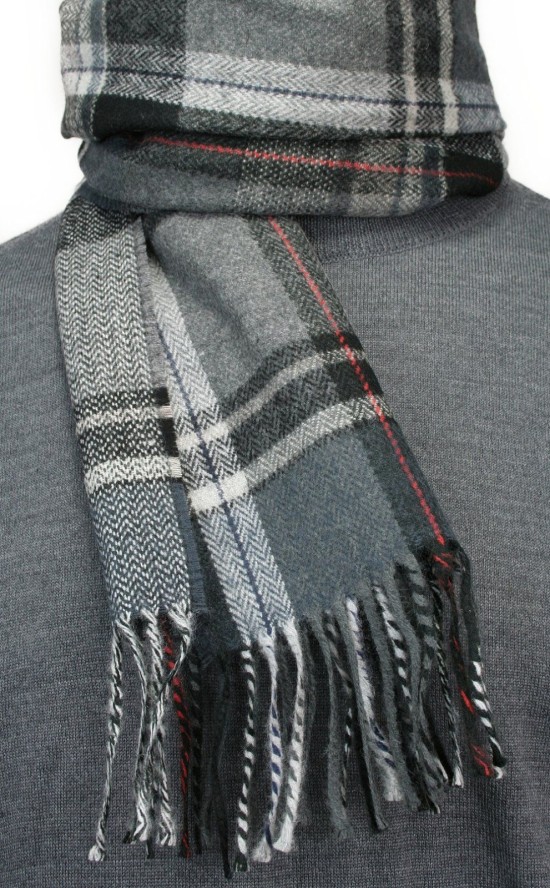 Szalik z Frędzlami, Szary, Popielaty w Kratkę, Męski, Jesienno-Zimowy z Wełną -V. FRAAS