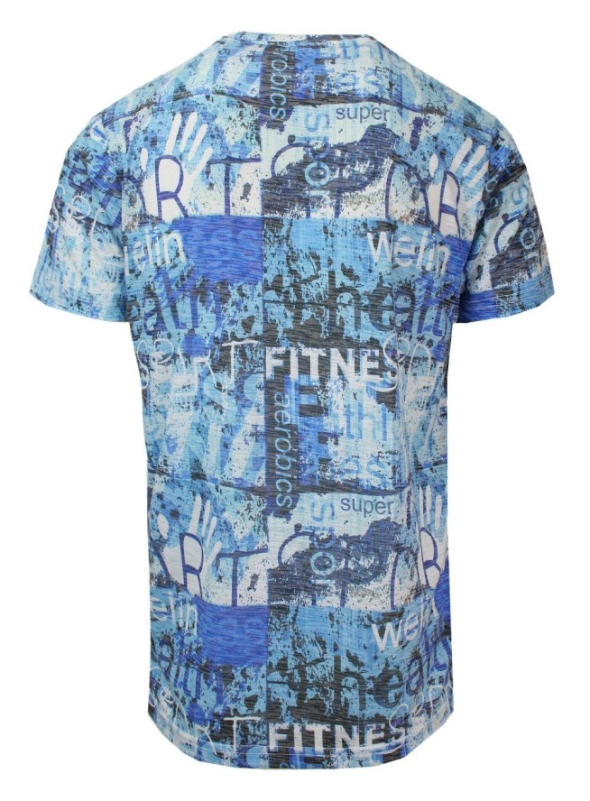 T-Shirt Męski Jasny Niebieski z Kolorowym Nadrukiem, Koszulka, Krótki Rękaw, U-neck