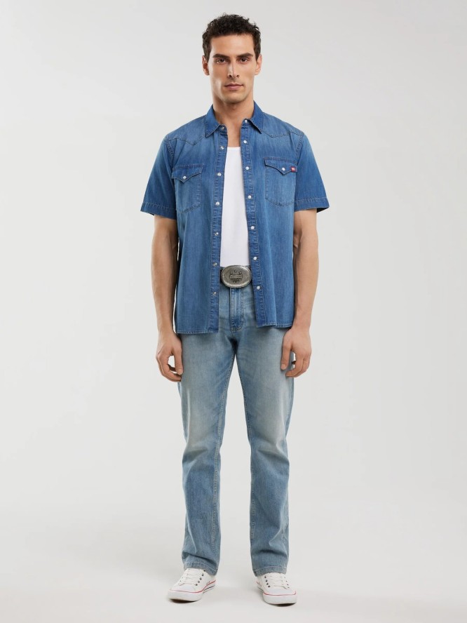 Koszula męska jeansowa z krótkim rękawem niebieska Short Sleeve Western 377