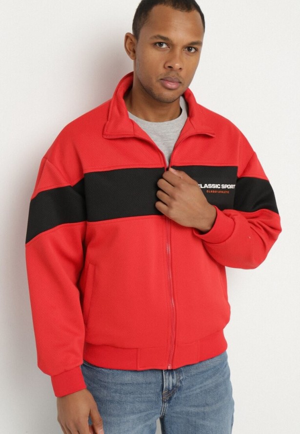 Czerwona Kurtka z Geometrycznym Pasem i Napisem Fonalena