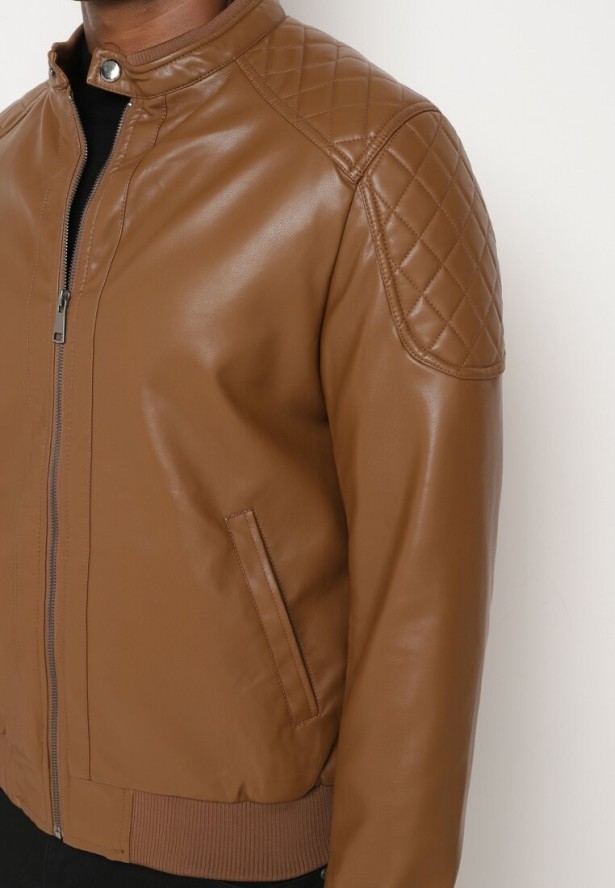 Ciemnobrązowa Ramoneska Kurtka w Stylu Motocyklowym ze Stójką Tinina