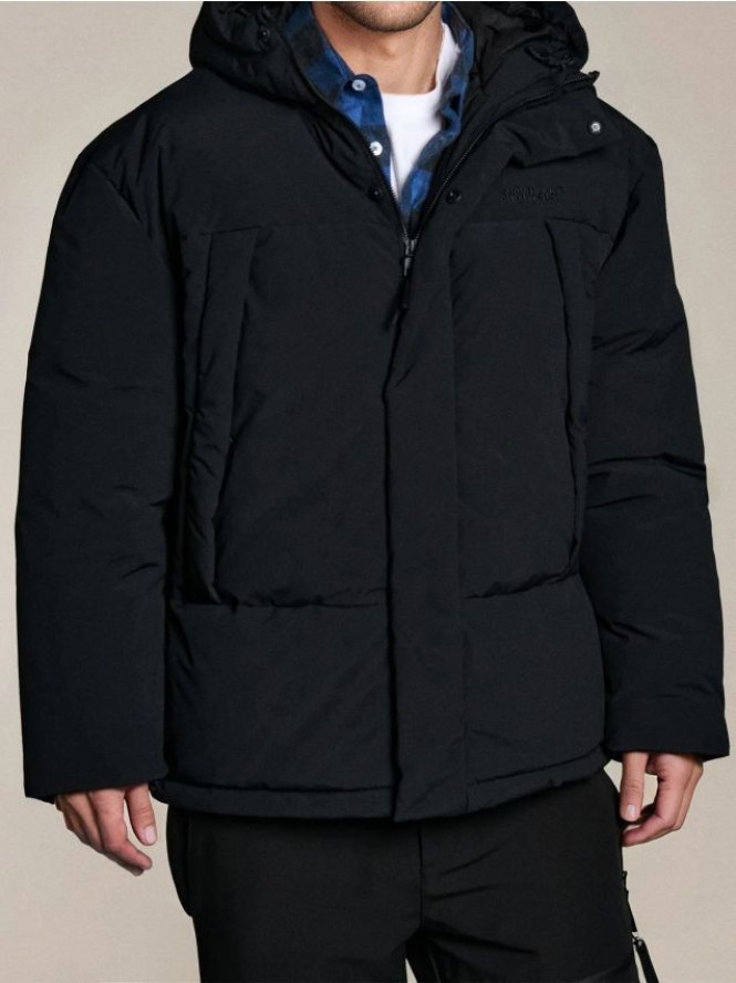 Pikowana kurtka puffer z kapturem - czarny