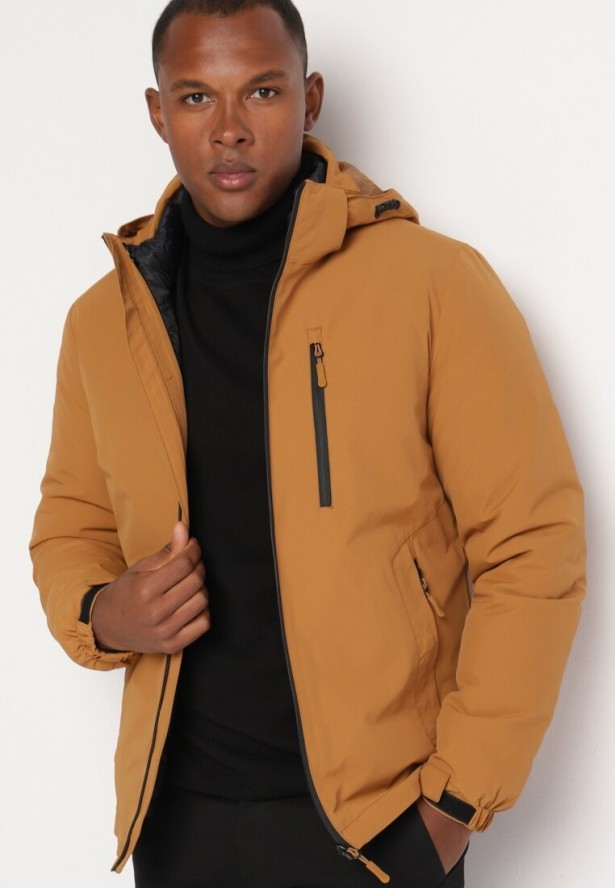 Jasnobrązowa Gładka Kurtka o Prostym Kroju z Odpinanym Kapturem Valentana