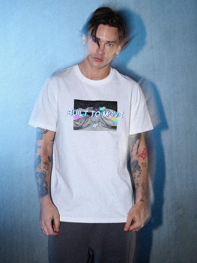 4F T-shirt regular z nadrukiem męski - biały L