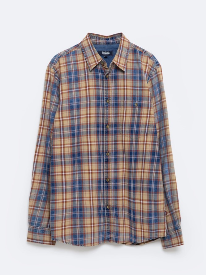 Koszula męska bawełniana w kratę granatowo-pomaraŅczową Indigis 402