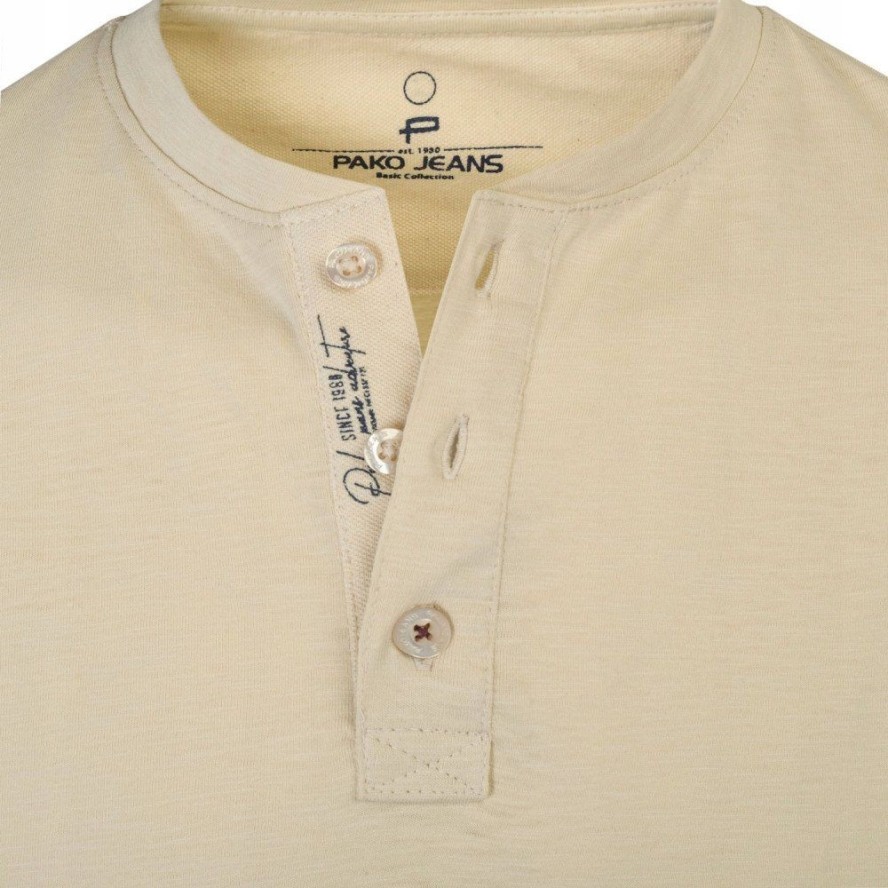 Beżowy Męski T-Shirt, Dekolt z Guzikami - Pako Jeans