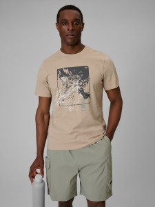 4F T-shirt regular z nadrukiem męski - beżowy 3XL