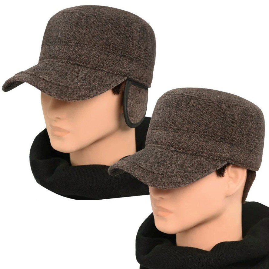 Czapka z Daszkiem Jesienno-Zimowa, Brązowa w Drobny Wzór, Patrolówka z Nausznikami -Pako Jeans