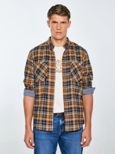 Koszula męska flanelowa w kratę granatowo-pomaraŅczowa Kolisar 403