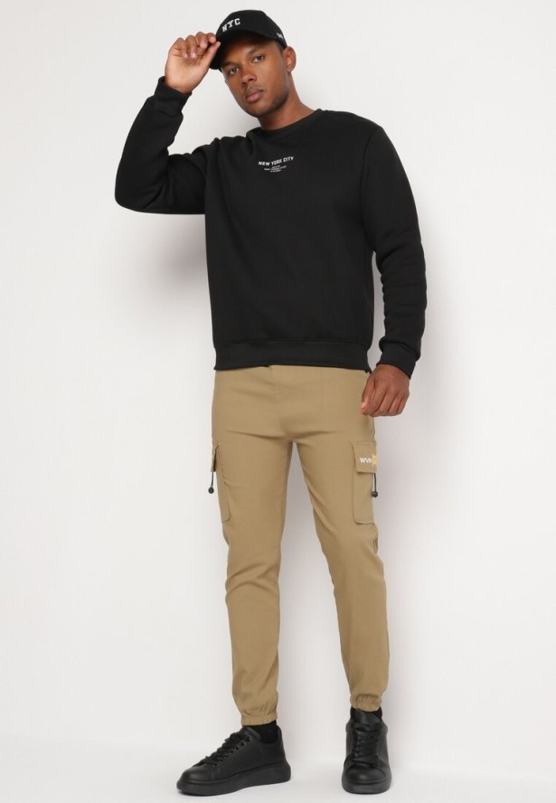 Ciemnobeżowe Spodnie Cargo z Bawełną Ozdobione Napisem i Gumką w Pasie Tarionna