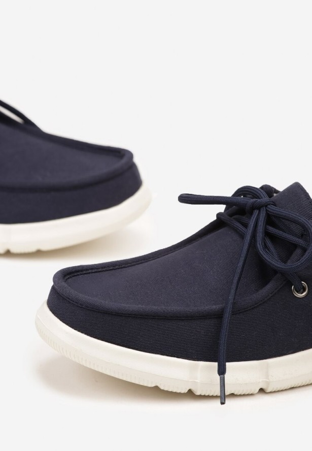 Niebieskie Półbuty Mokasyny z Wiązaniem Ozdobnym Przeszyciem i Skórzaną Wkładką Nitamela