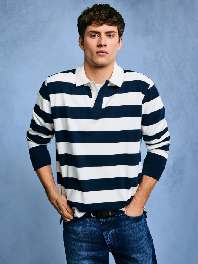 Koszulka męska polo z długim rękawem w pasy granatowo-białe Miker 100