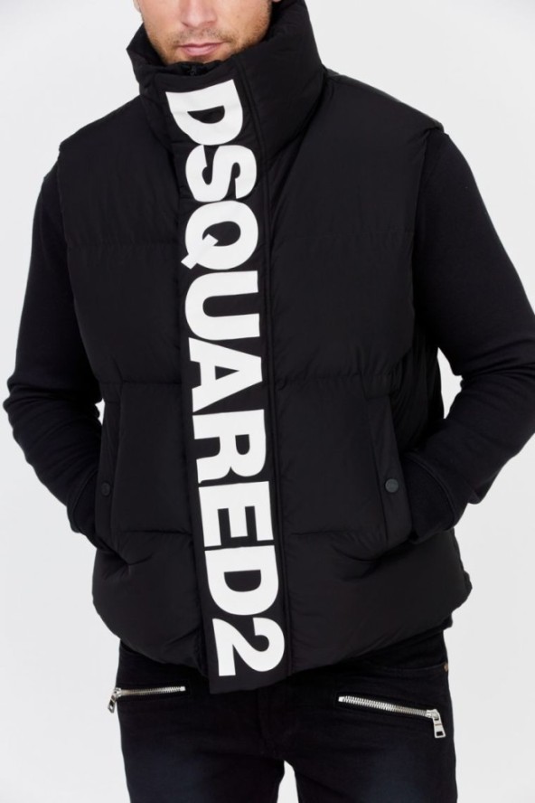 DSQUARED2 Czarny męski puchowy bezrękawnik z dużym logo, Rozmiar 52