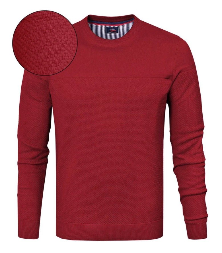 Bawełniany Męski Sweter z Okrągłym Dekoltem (U-Neck) - Pako Jeans - Czerwony