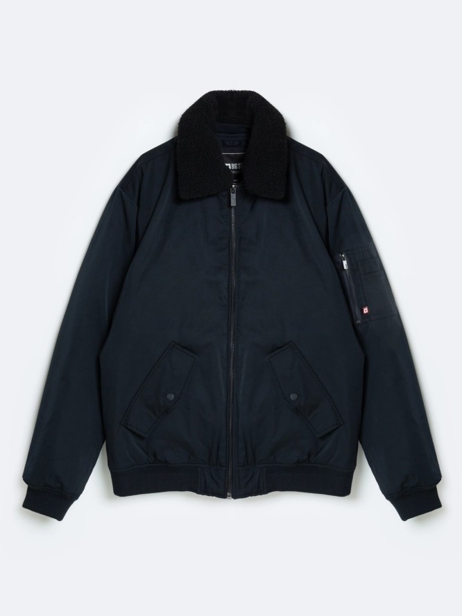 Kurtka męska bomberka z kołnierzem z futerka czarna Dekseb 906