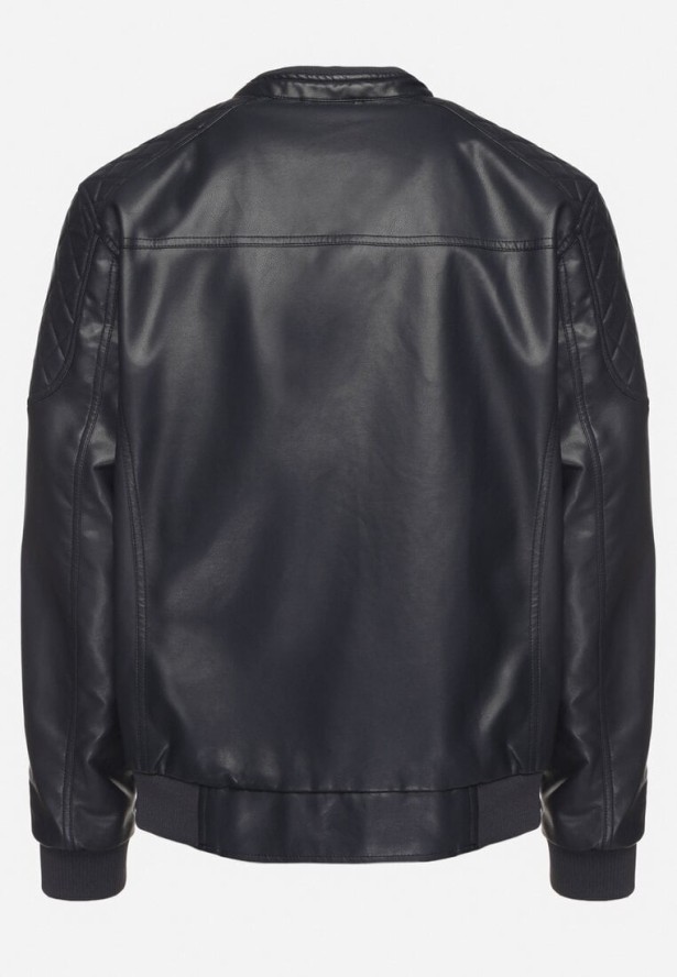 Granatowa Kurtka Ramoneska Bomberka w Motocyklowym Stylu ze Stójką i Ściągaczami Matina