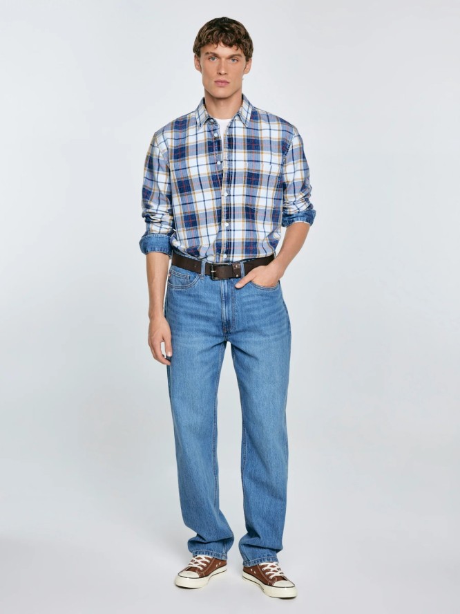 Koszula męska bawełniana w kratę niebiesko-biała Merowi 401